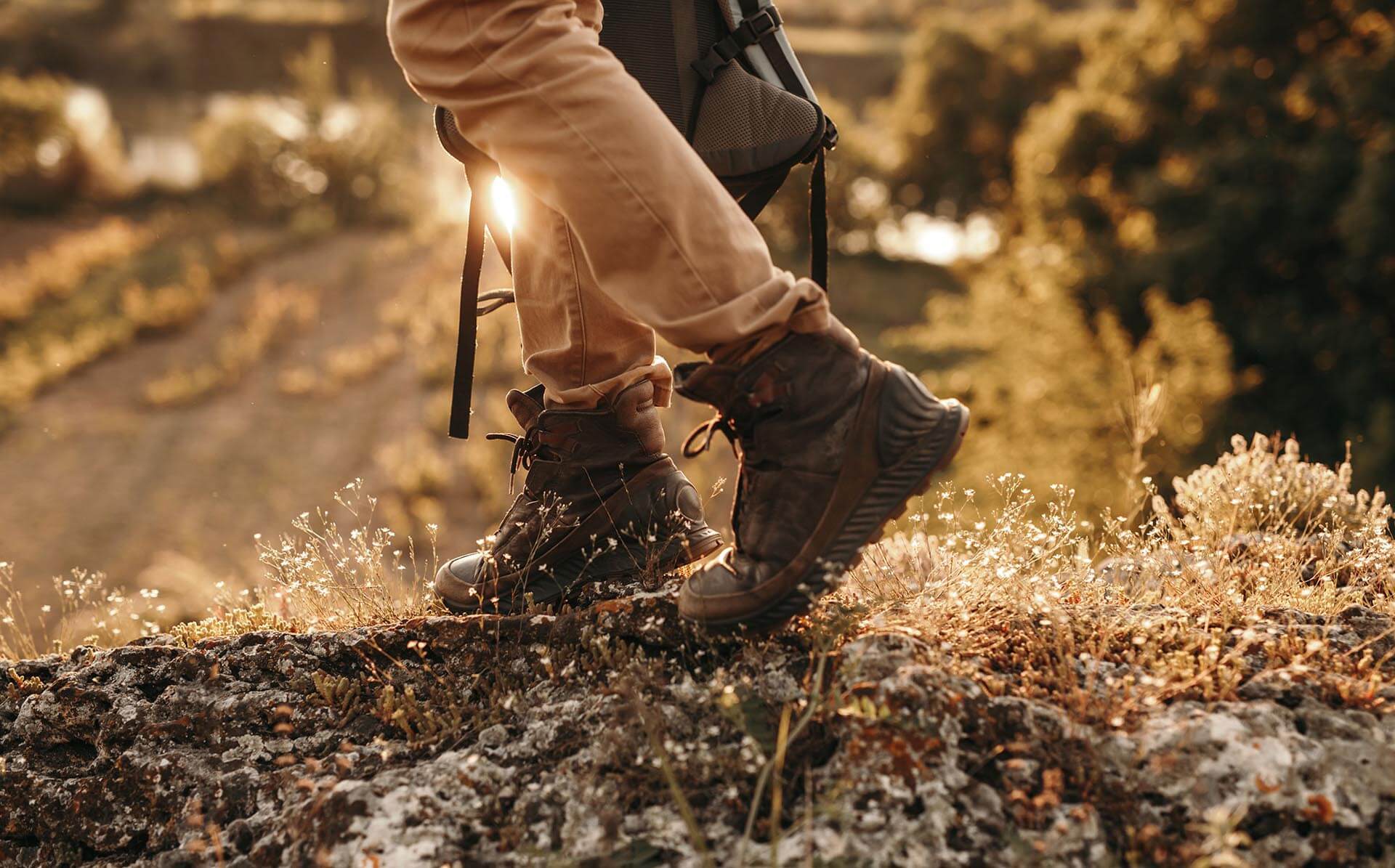 male hiker walking in mountain forest