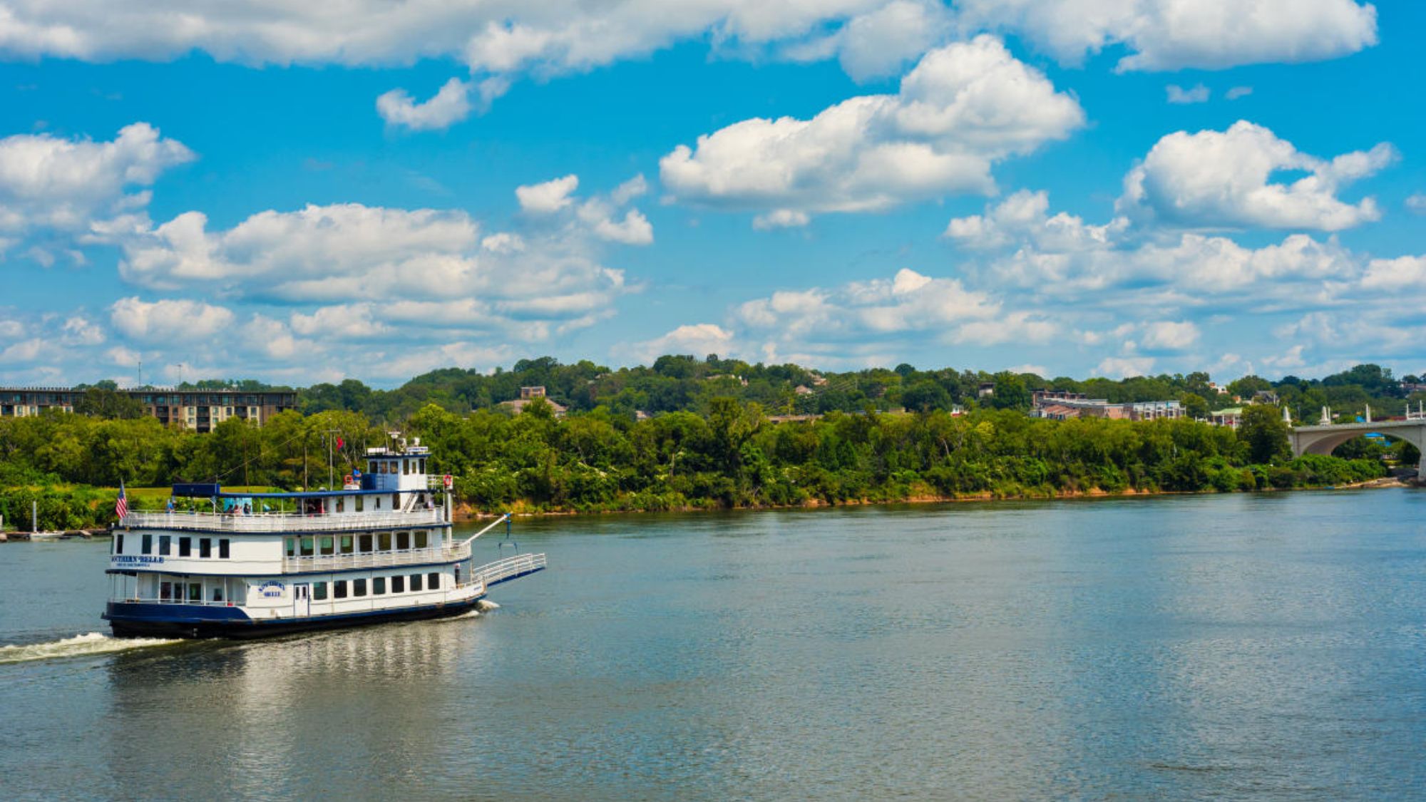 Tennessee River waterfront in Chattanooga surrounded by fall foliage