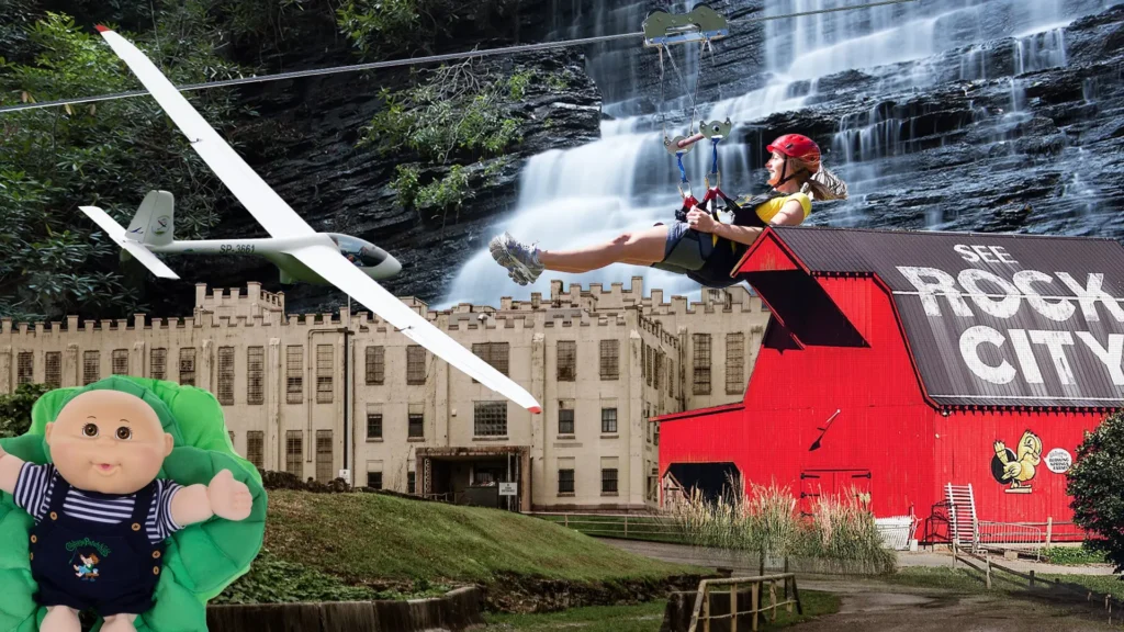 Outdoor adventures near the Ocoee River including Rock City, waterfalls, and ziplining