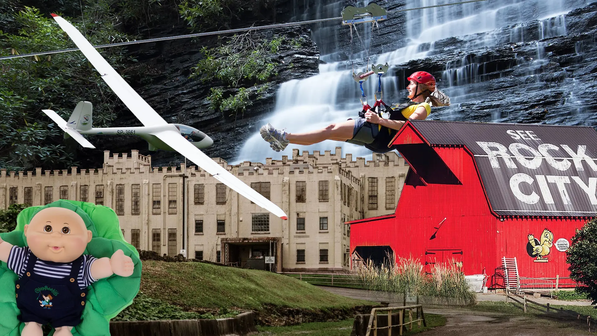 Outdoor adventures near the Ocoee River including Rock City, waterfalls, and ziplining