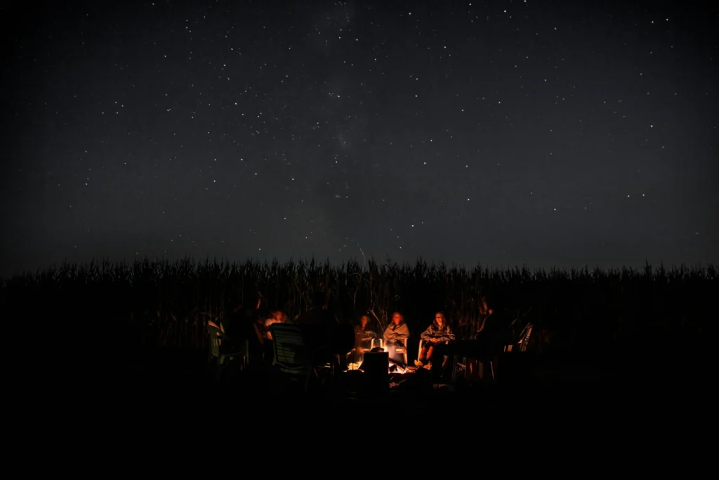 Group of people sitting around a campfire at night under a starry sky